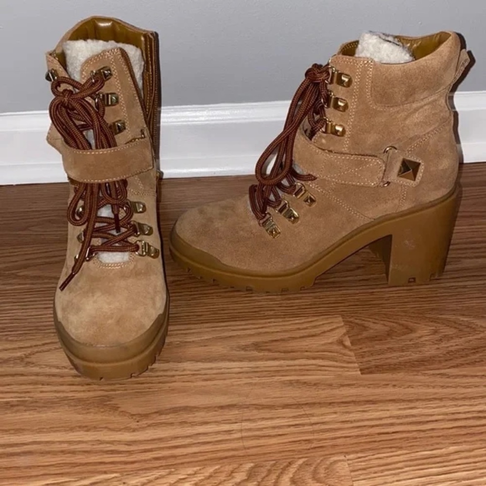 BRAND NEW Marc Fisher Tan winter combat boot with heel SIZE: 7.5